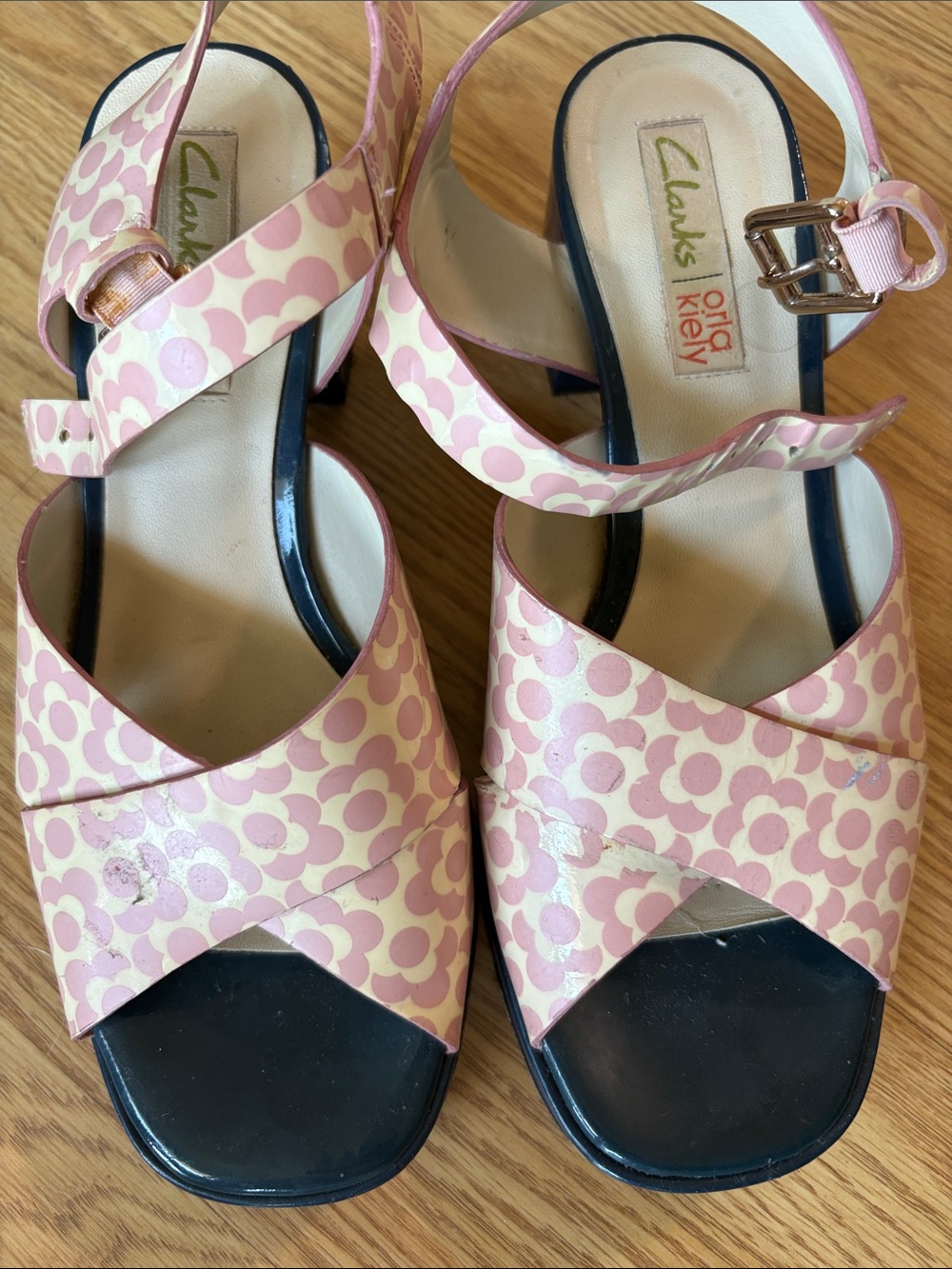Orla Kiely Pink and Cream Patterned Slingback Sandals with Black Soles